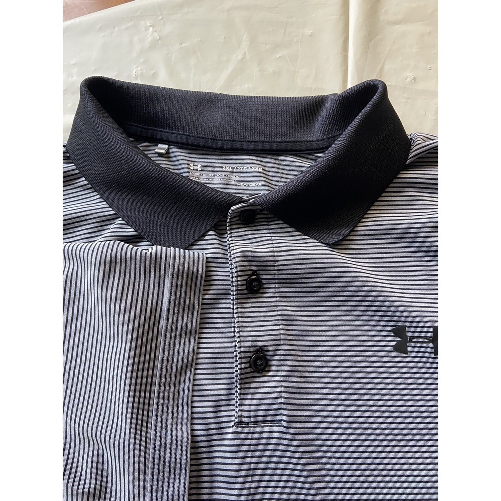 Under Armour‎ Mens 2XL HeatGear Polo Shirt Striped Gray Black Golf Performance